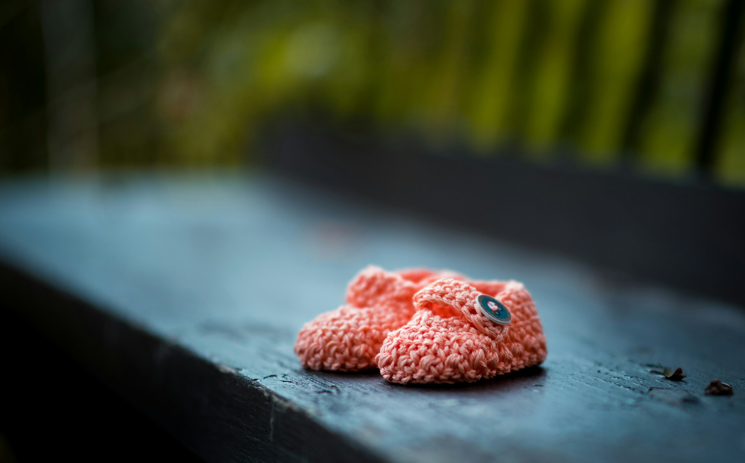 pair of knit baby shoes on bench